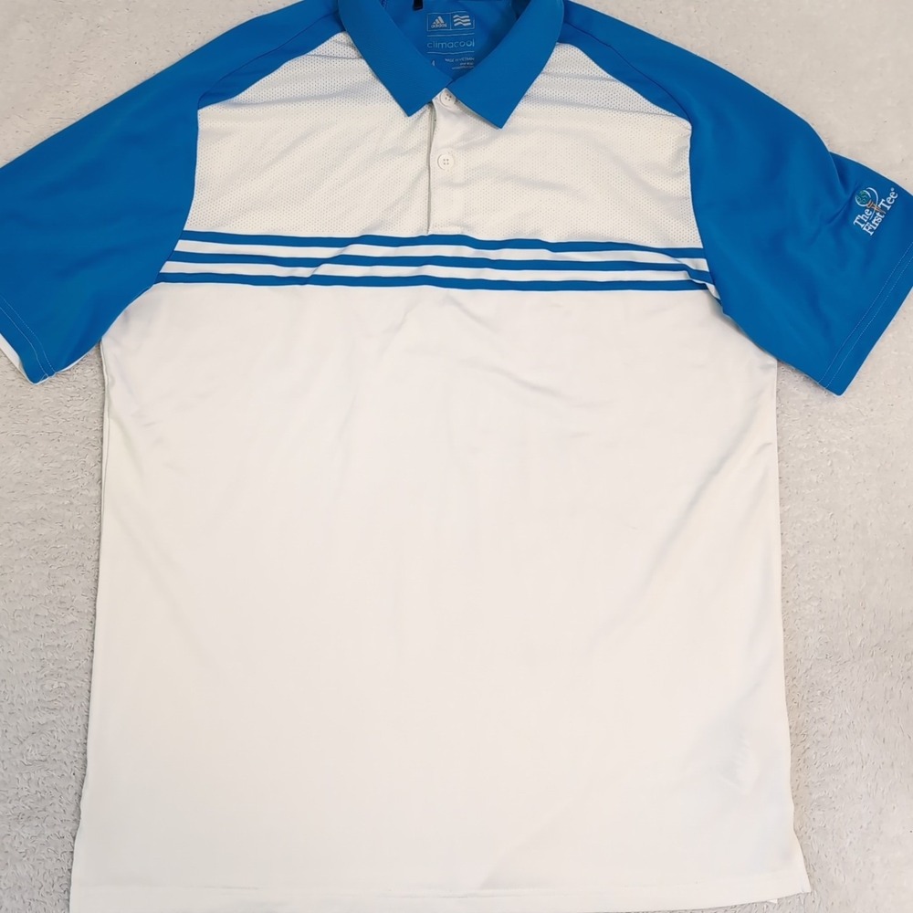 Adidas Polo Mens M White Blue Colorblock Stripe S/S 5% Spandex The First Tee - Picture 4 of 8